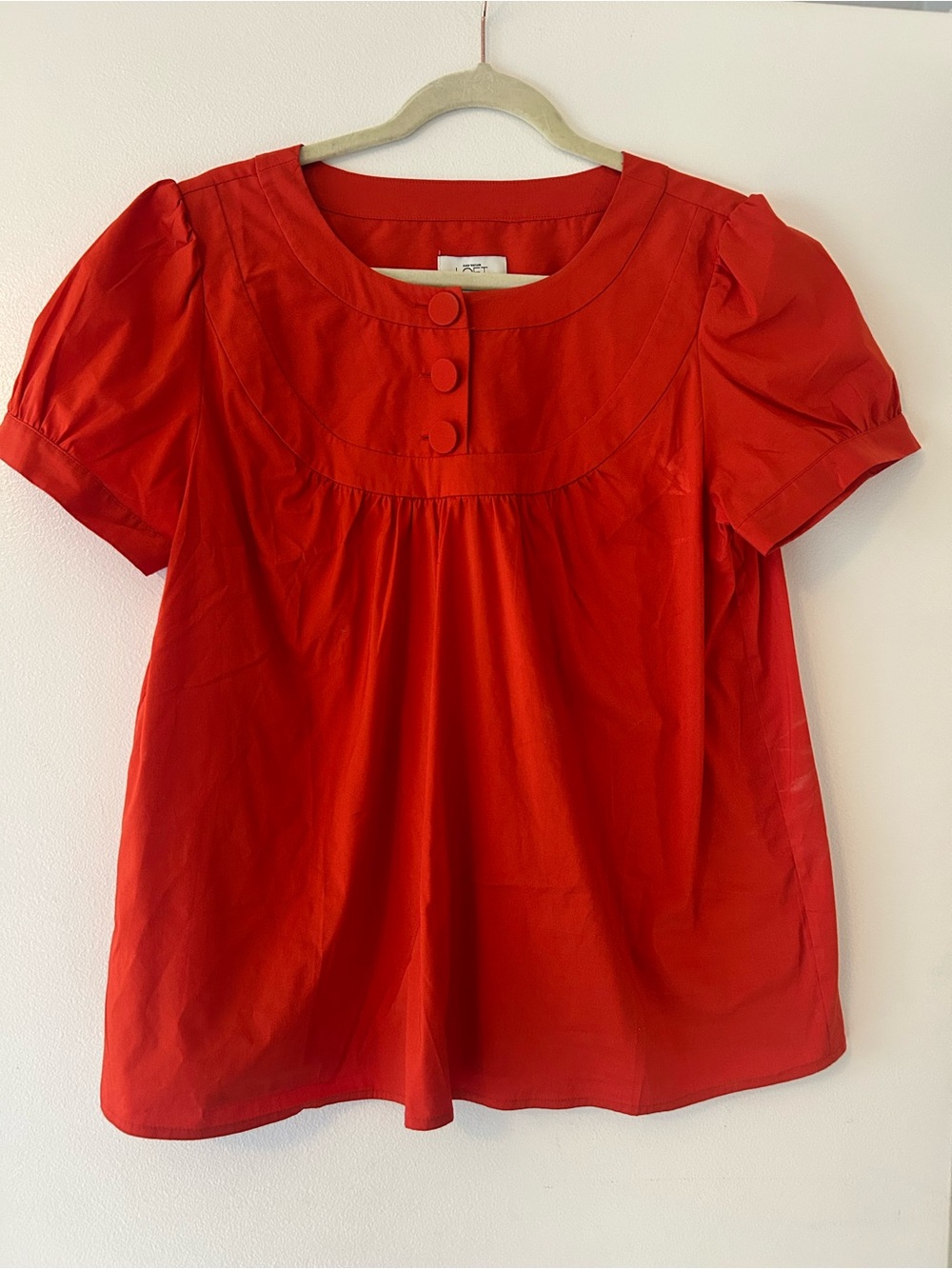 LOFT Red Orange Short Sleeve Button Yoke Top